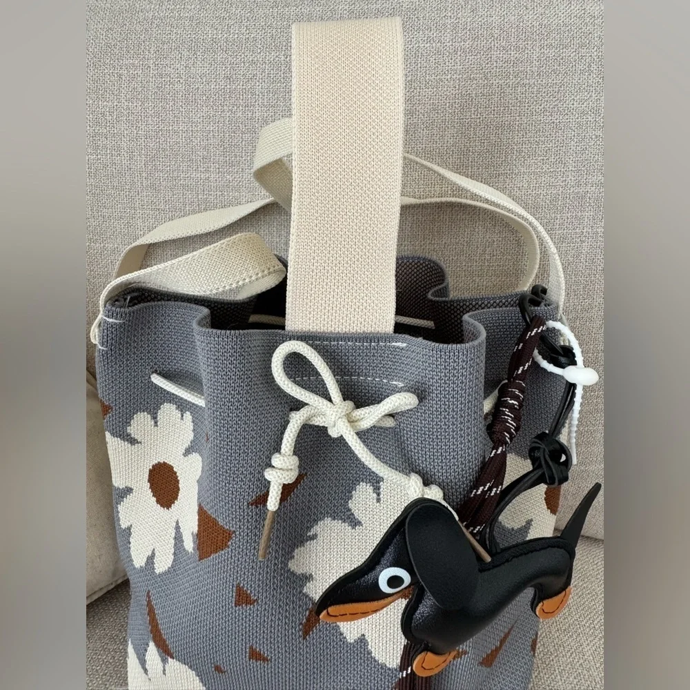New Blue, Mocha & Flowers Woven Bucket Bag Handbag Purse w/ Dachshund Charm